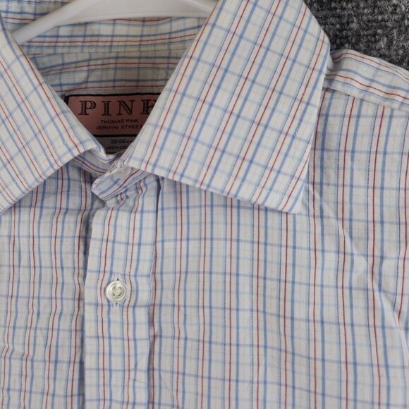 Thomas Pink Long Sleeve Button Up Cotton Red White Blue Check 15.5 34 Men French - Picture 13 of 15